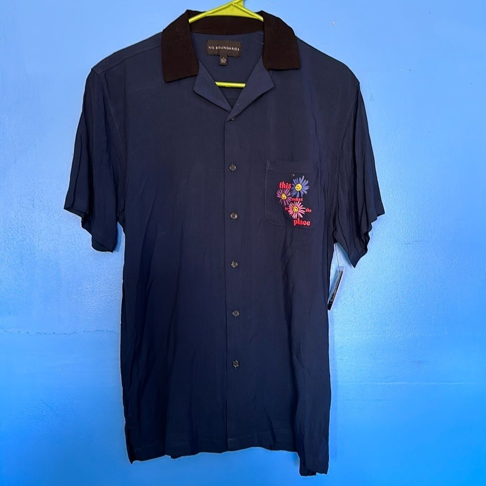 No Boundaries Dark Blue Bowling Shirt w/ Black Collar Size XS Retro Casual Top